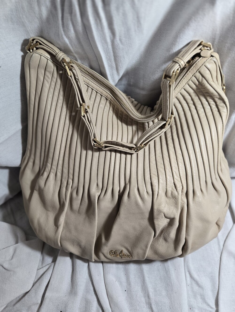 Cole Haan Beige Pleated Leather Hobo with Tassel and Gold Chain